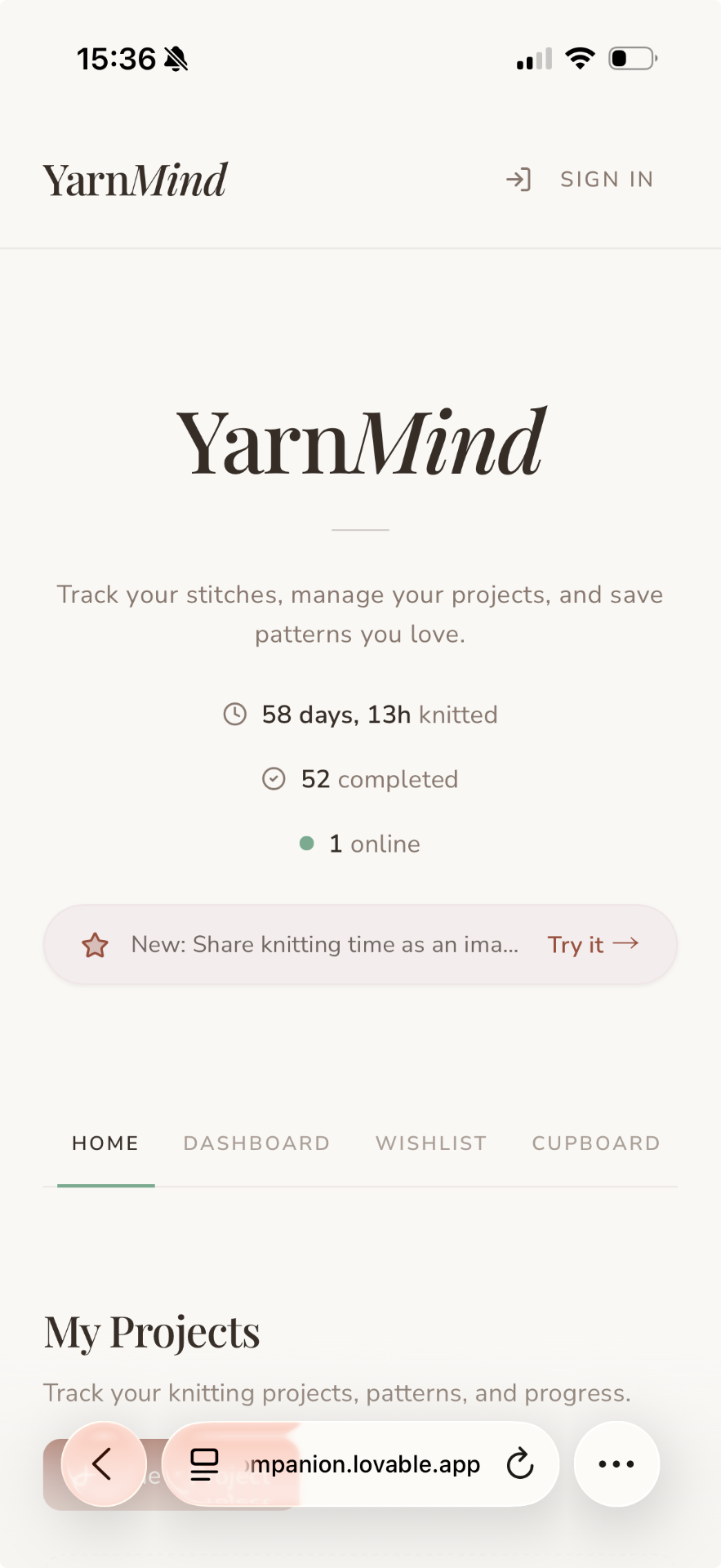 Knit Companion home screen with project tracker